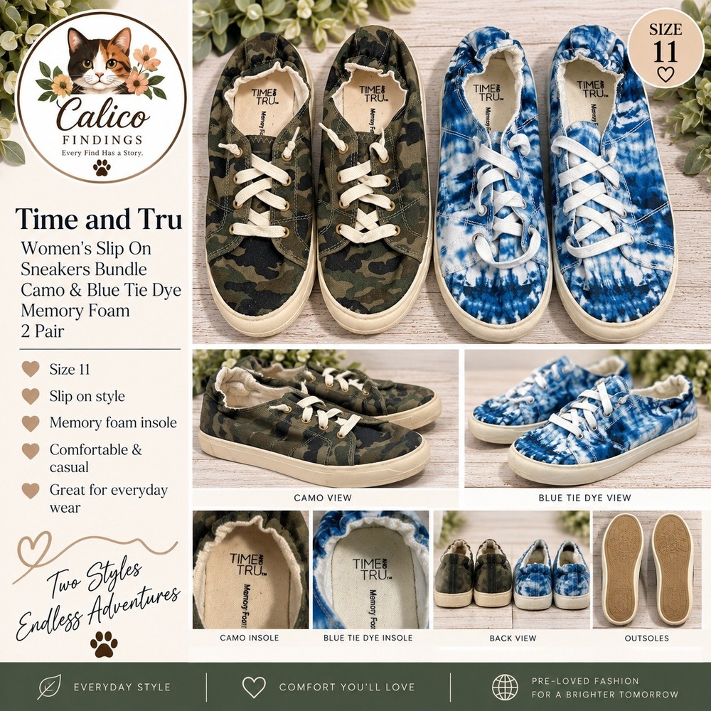 Time and Tru Womens 11 Slip On Sneakers Bundle Camo Blue Tie Dye Memory Foam 2pk
